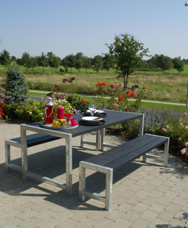 Plankengarnitur - 186 cm - 1 Tisch und 2 Bänke - Schwarz