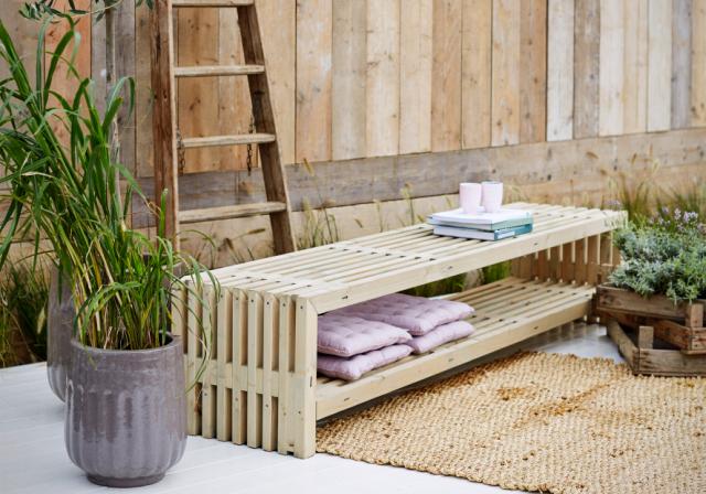 Rustik Trallebænk Design m/hylde - 218×49 cm - Drivtømmerfarve