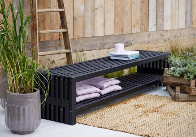 Rustik Trallebænk Design m/hylde - 218×49 cm - Sort