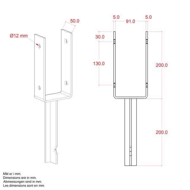 U-Stolpefod - 9×9 cm stolper - til nedstøbning - m/skruer