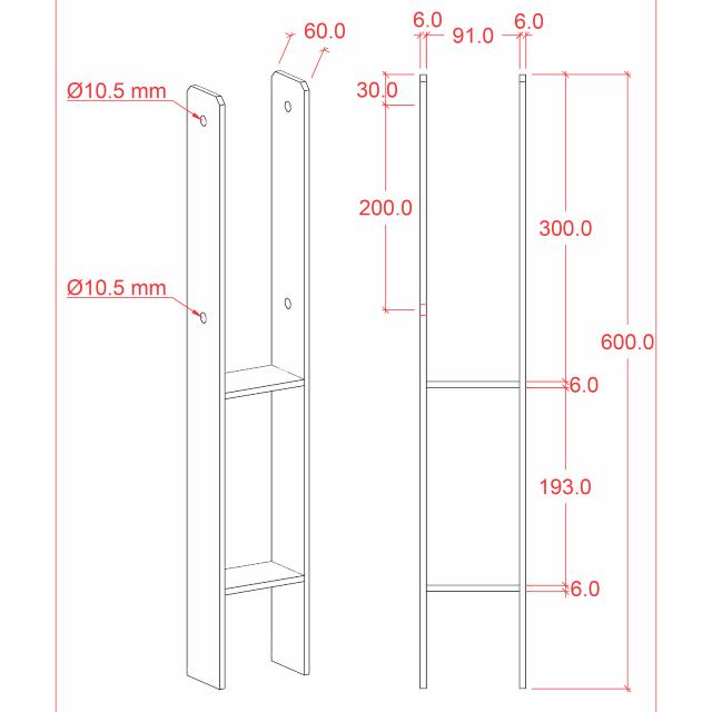 H-Stolpefod 60 cm - 9×9 cm stolper - til nedstøbning - m/skruer