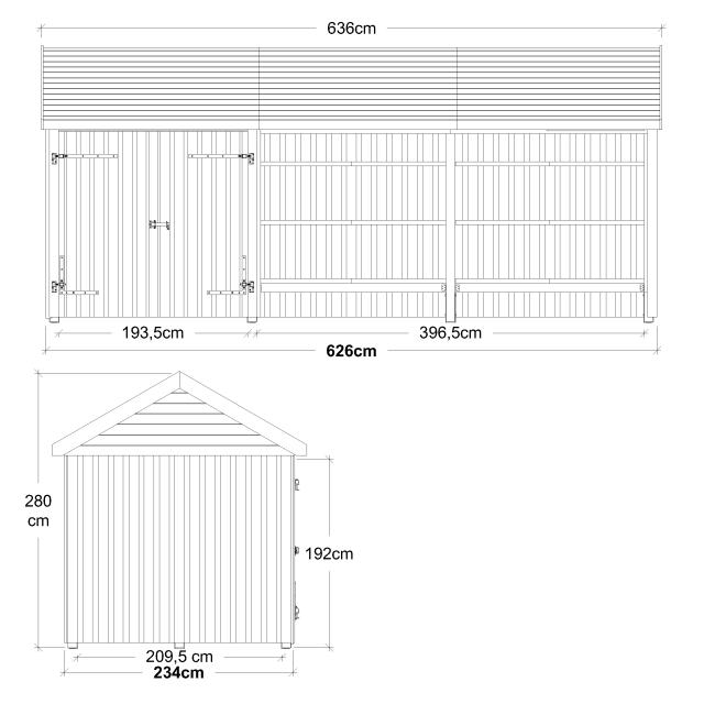 Classic Multi Havehus 14,5 m² - 3 moduler m/dobbeltdør og åben front - inkl. tagpap/alulister/H-stolpefødder