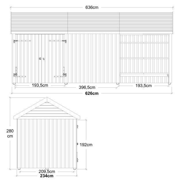 Classic Multi hagehus 14,5 m² - 3 moduler m/dobbeltdør og åpen/lukket front - inkl. takpapp/aluminiumslister/H-stolpeføtter