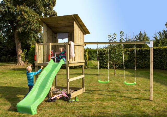 Play Spielturm m/Dach und Schaukelanbau inkl. grüner Rutsche