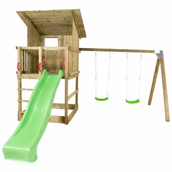 Play Spielturm m/Dach und Schaukelanbau inkl. grüner Rutsche