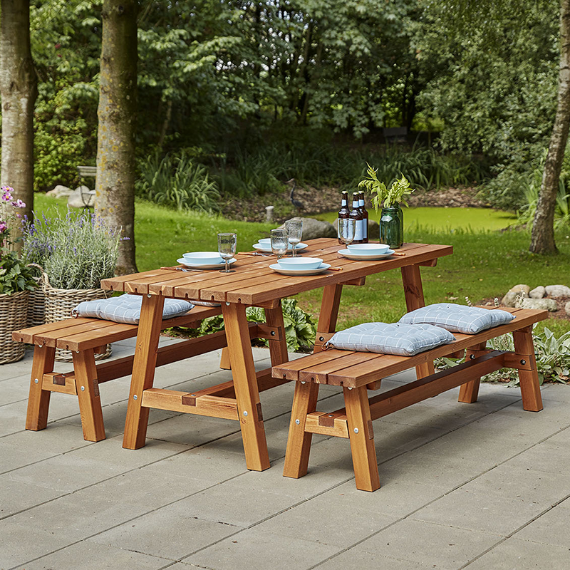 Country Plankesæt - 177 cm - Bord og 2 Bænke - Grundmalet Teak