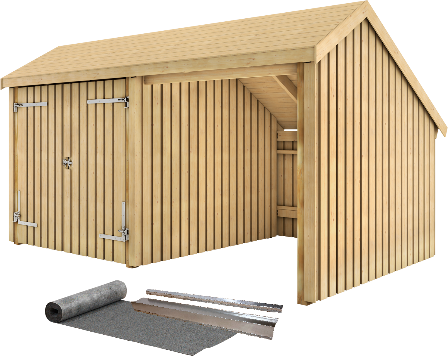 Multi Havehus 10,5 m² - 2 moduler m/dobbeltdør og åben front - inkl. tagpap/alulister