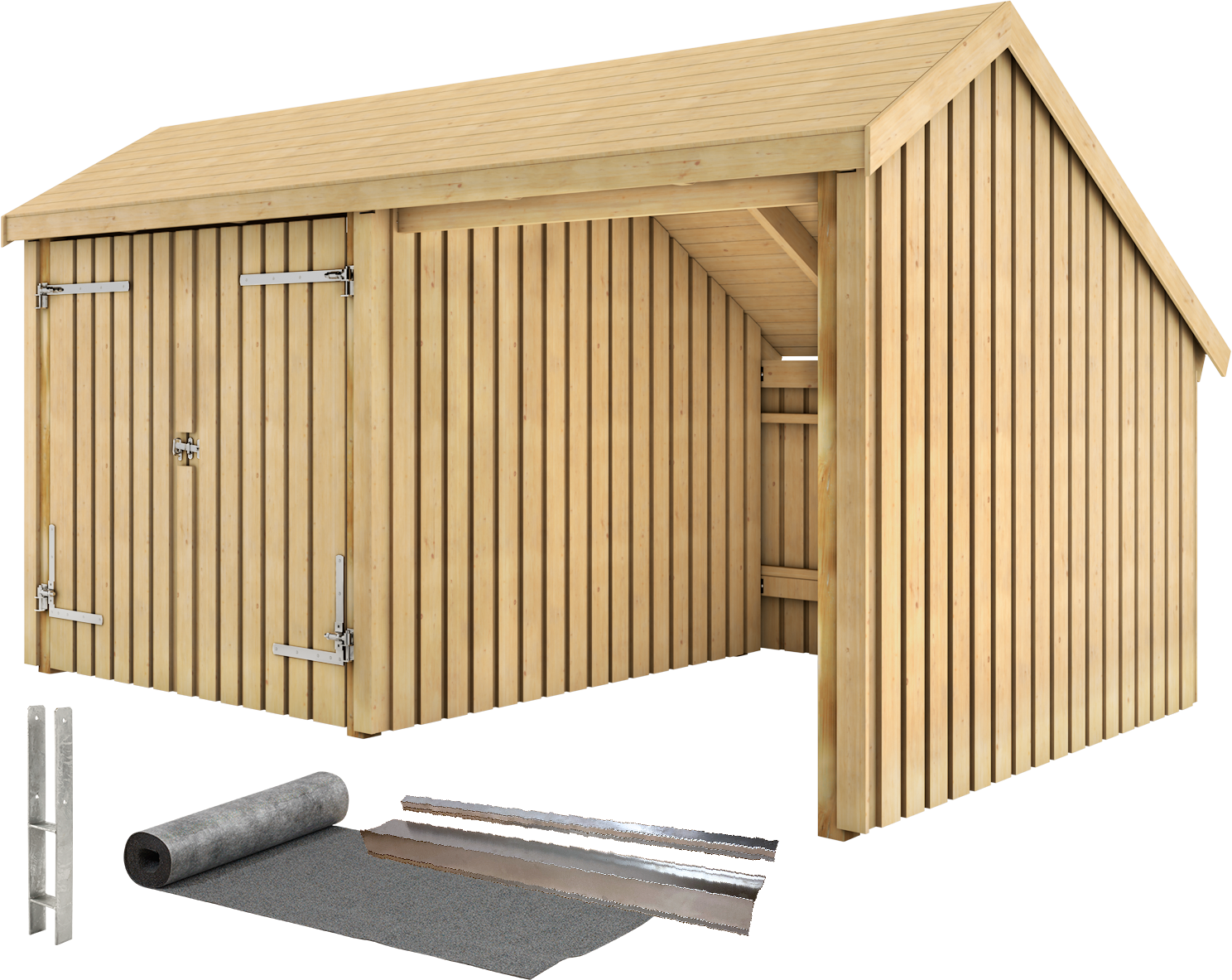 Multi Havehus 10,5 m² - 2 moduler m/dobbeltdør og åben front - inkl. tagpap/alulister/H-stolpefødder