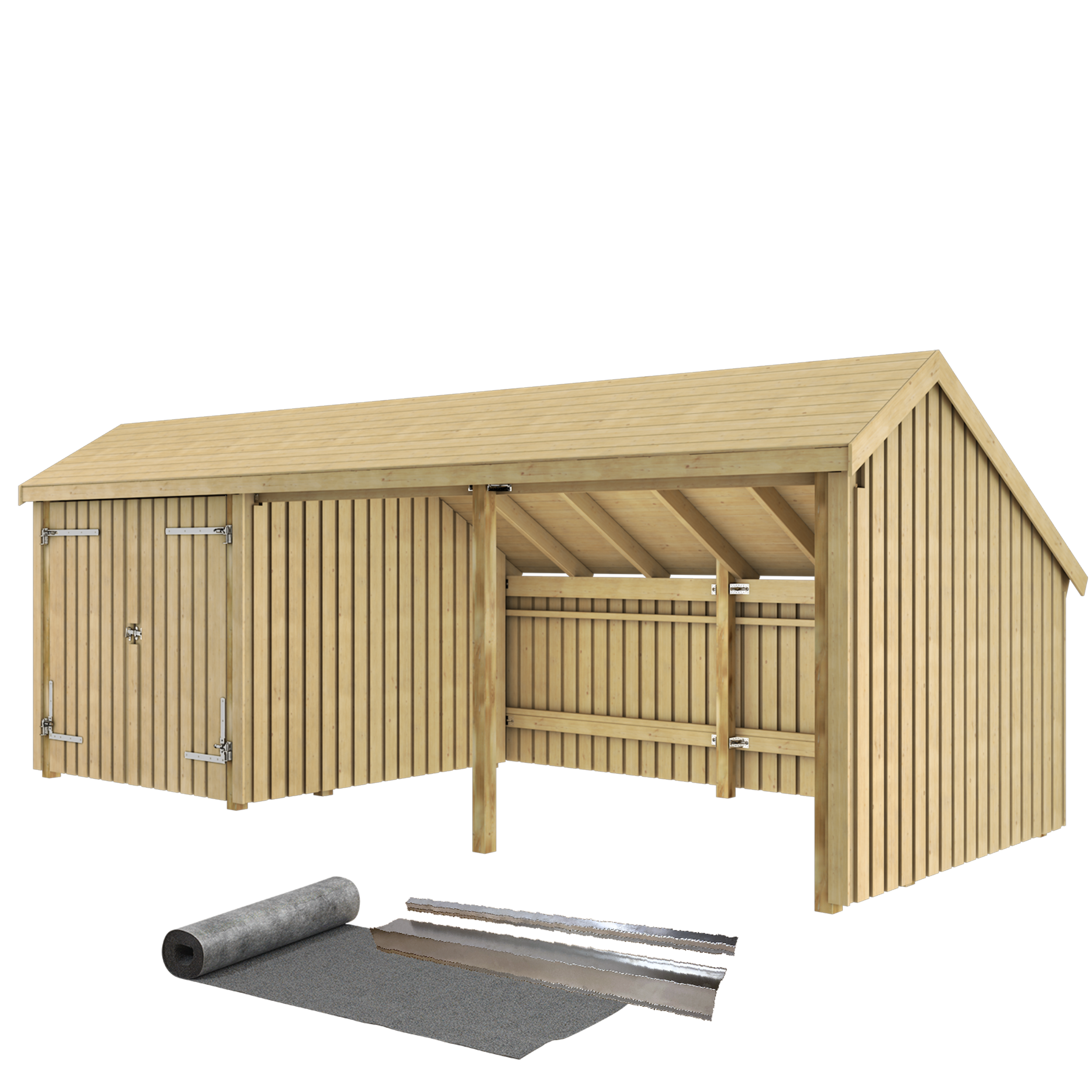 Multi Havehus 15,5 m² - 3 moduler m/dobbeltdør og åben front - inkl. tagpap/alulister