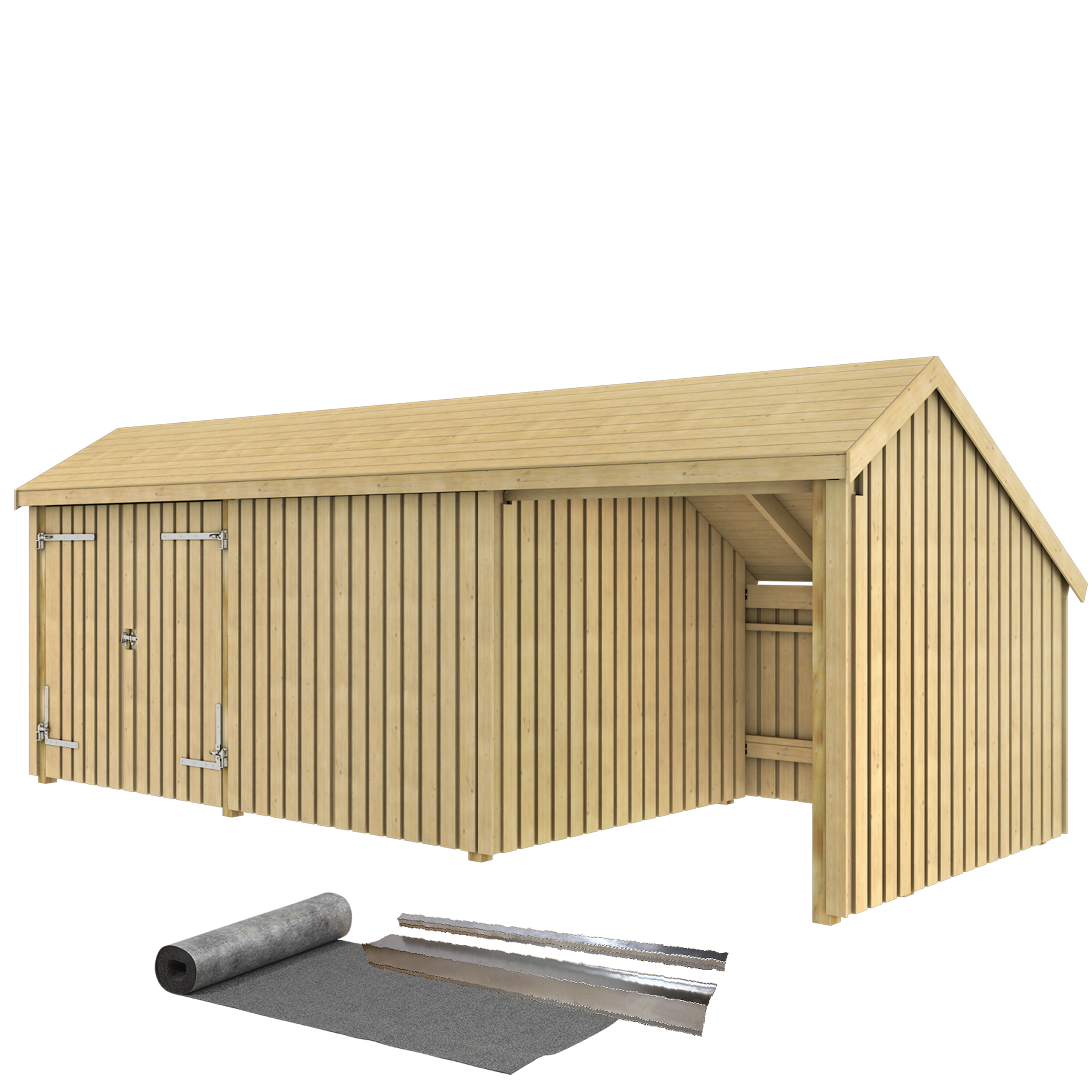 Multi Havehus 15,5 m² - 3 moduler m/dobbeltdør og lukket/åben front - inkl. tagpap/alulister