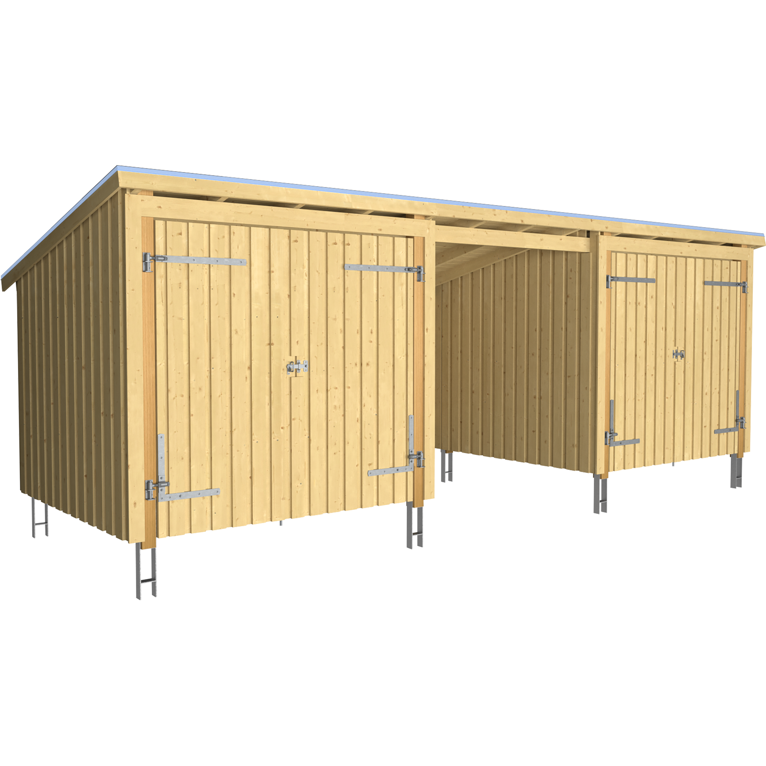 Nordic Multi Havehus 14 m² - 3 moduler m/2 dobbeltdøre og åbent front - inkl. tagpap/alulister/stolpefødder