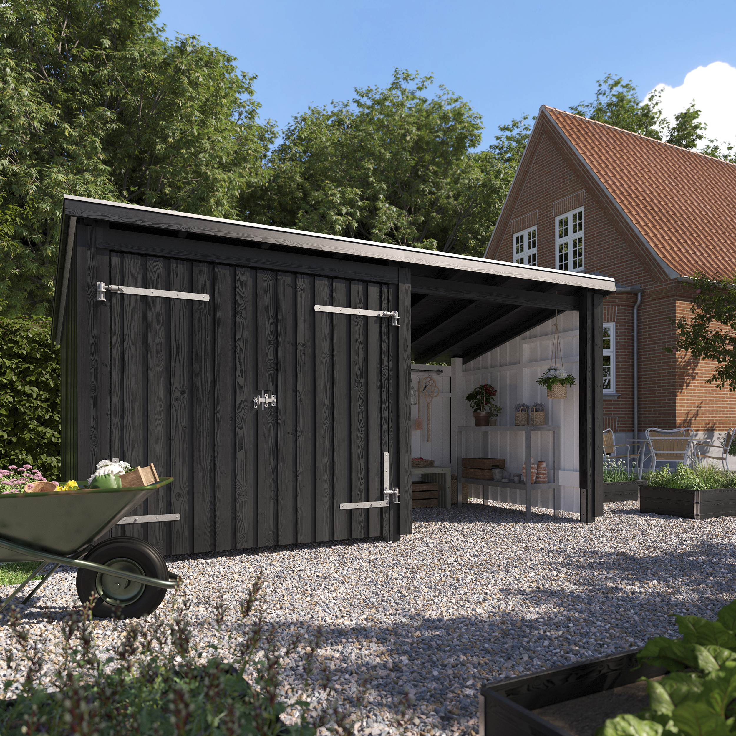 Nordic Multi Havehus 9,5 m² - 2 moduler m/dobbeltdør og åben front - inkl. tagpap/alulister/stolpefødder