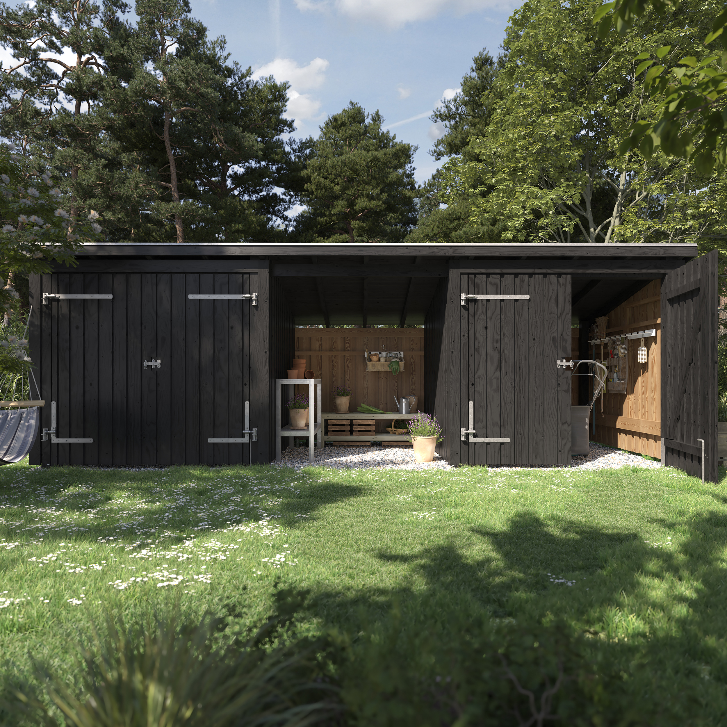 Nordic Multi Havehus 14 m² - 3 moduler m/2 dobbeltdøre og åben front