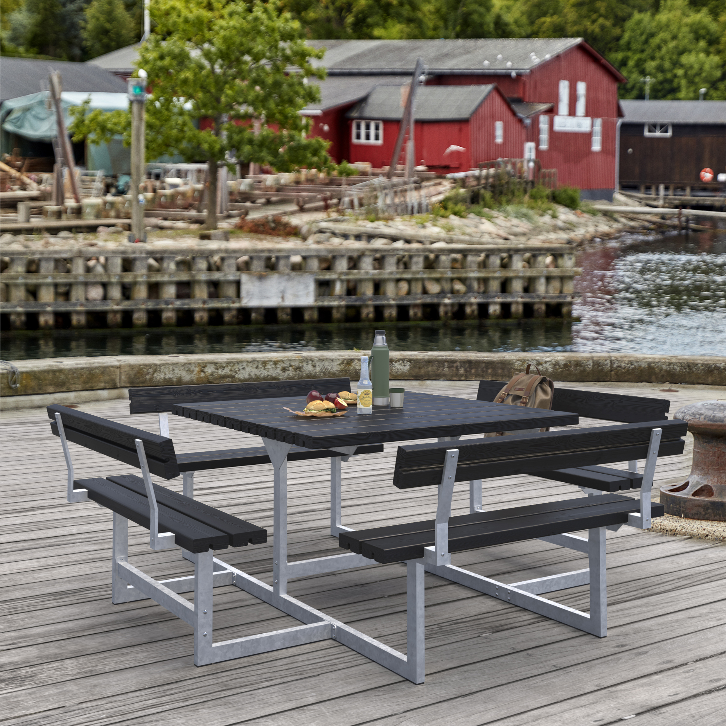 Picnic Bord/Bænkesæt m/4 ryglæn - 224 cm - Sort