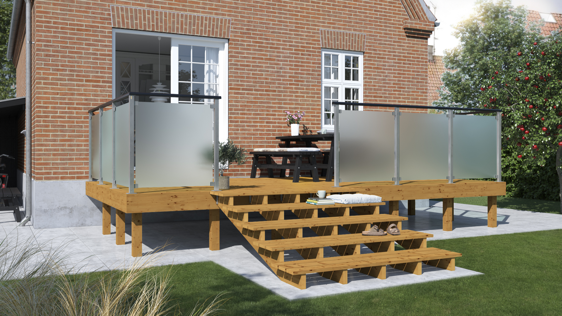 Selbstbau Holzterrasse mit Holztreppe und mit Geländer aus mattem Glas und Handläufen